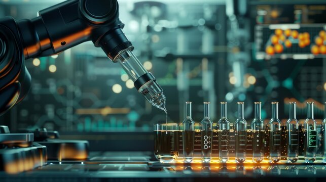 Robotic arm dispensing liquids into test tubes in an advanced lab environment with digital synthesis data displayed