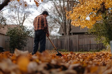 Man raking autumn leaves in a residential backyard surrounded by vibrant fall foliage during late afternoon hours