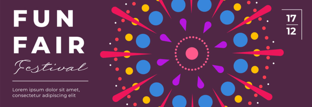 Amusement park festive minimal trendy horizontal banner with fireworks explosion on dark sky. Carnival funfair minimalistic creative flyer with firework. Holiday fun fair festival flat eps card