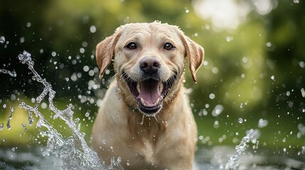 Happy labrador dog in water splashes. Thirsty dog on hot sunny weather. copy space for text.