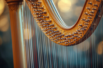 "Captivating Close-Up of a Beautiful Lever Harp with Soft Focus on the Left Side"