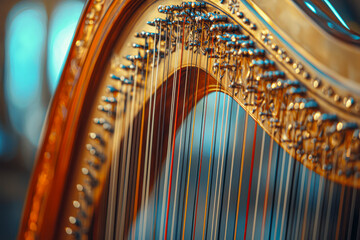 "Enchanting Close-Up of Elegant Lever Harp with Blurred Background on the Left Side"