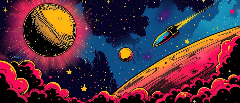Comic abstract pop art background featuring a space illustration