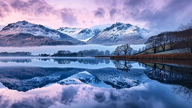 A beautiful lake with mountains in the background. The reflection of the mountains in the water creates a serene and peaceful atmosphere