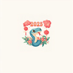 A cute cartoon baby blue cobra wraps around the gold "2025," surrounded by flowers and lanterns. The vibrant design captures the Chinese New Year atmosphere, ideal for digital projects.