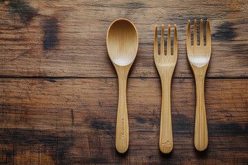 "Adorable baby utensils showcased on rustic wooden backdrop"