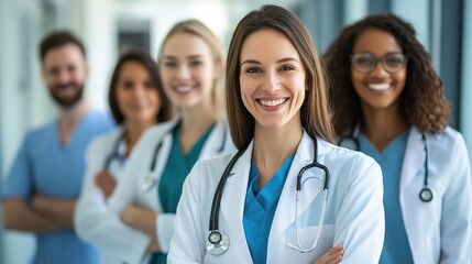 Fototapeta premium Happy people, portrait or doctor with team in confidence for healthcare, support or trust at hospital. Group of medical employees with smile for health advice.