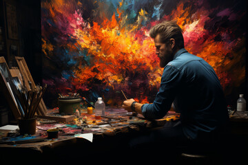 An individual painting in a secluded studio, their mind completely immersed in colors and shapes. Concept of creative seclusion and inner focus. Generative Ai.