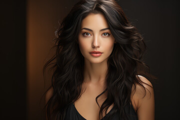 Fototapeta premium A portrait of a person with lustrous black hair cascading over their shoulders, radiating confidence. Concept of self-assurance and allure. Generative Ai.