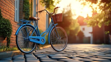 Fototapeta premium A charming blue bicycle with a basket, parked on a cobblestone street, illuminated by soft sunset light.