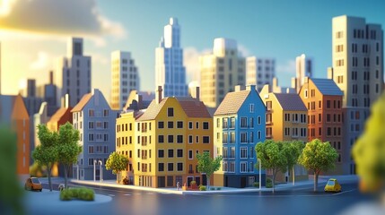 Obraz premium Colorful houses and modern buildings create a vibrant cityscape under a bright sky, showcasing urban architecture and greenery.