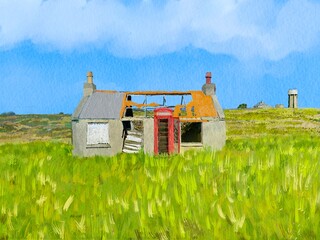 Colourful painting of ruined Croft house building on the Isle of Lewis in the Outer Hebrides of Scotland. Rural artwork depicting Hebridean life. © ImageryBT