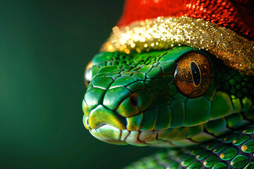 Fototapeta premium Christmas snake, symbol of the year, wearing santa hat on snowy background. 2025 is lunar year of green wooden snake. Christmas banner. Chinese Happy New Year and Merry Christmas