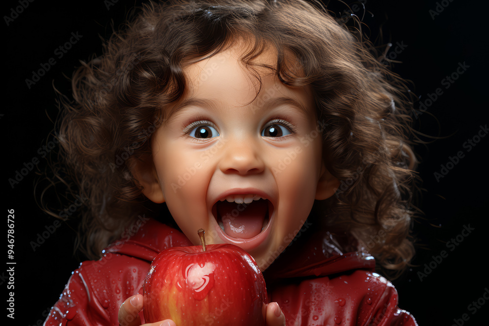 Canvas Prints a toddler eagerly biting into a bright red apple, juices dripping down their chin. concept of health