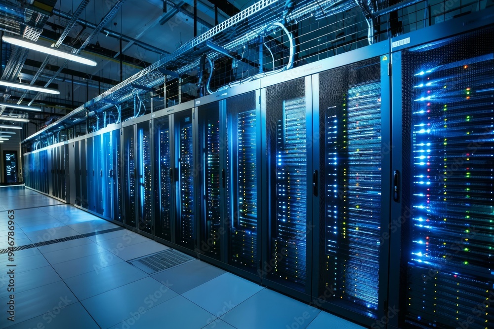 Poster shot of a modern data center with rows of server racks working