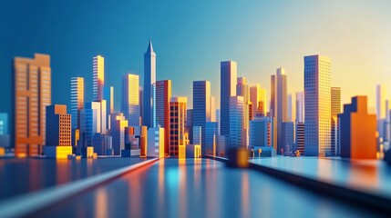 Obraz premium Vibrant city skyline during sunset showcasing modern architecture and reflections, perfect for urban-themed projects.