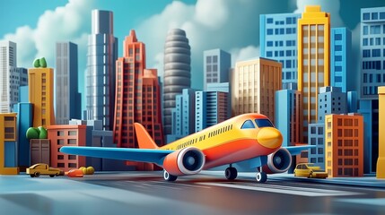 Naklejka premium A vibrant cartoon airplane preparing for takeoff in a bustling city landscape filled with skyscrapers and colorful taxis.