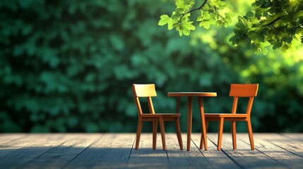 Fototapeta premium A serene outdoor scene featuring a wooden table and chairs surrounded by lush greenery, perfect for relaxation or gatherings.