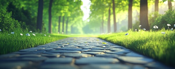 A serene pathway surrounded by lush greenery, perfect for leisurely strolls or a peaceful escape into nature.