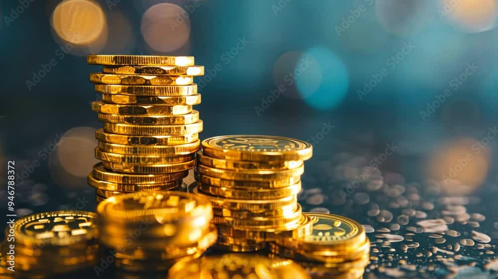 Poster A pile of gold coins on a table. The coins are stacked on top of each other, creating a sense of wealth and abundance. The image conveys a feeling of prosperity and success