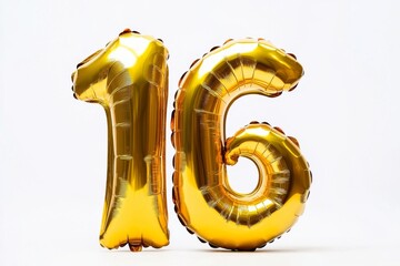 Number 16 golden inflatable foil balloons. Bright party decoration. Sixteen years on white background