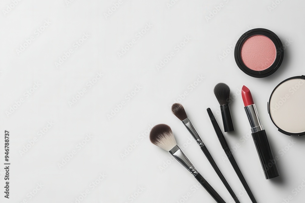 Poster a minimalist setup features a lipstick, makeup brushes, and powder, elegantly arranged on a soft lig