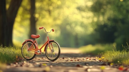 Fototapeta premium A charming orange bicycle parked on a serene pathway, surrounded by lush greenery and soft sunlight filtering through trees.