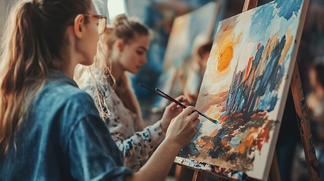 A group of people participating in a painting workshop, each working on their own canvas with different artistic styles and techniques - Powered by Adobe