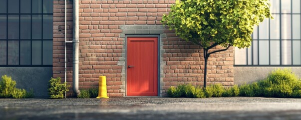 Naklejka premium A vibrant red door against a rustic brick wall, surrounded by greenery, showcases urban charm and inviting aesthetics.