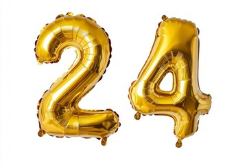 Number 24 golden inflatable foil balloons. Bright party decoration. Twenty four years on white background