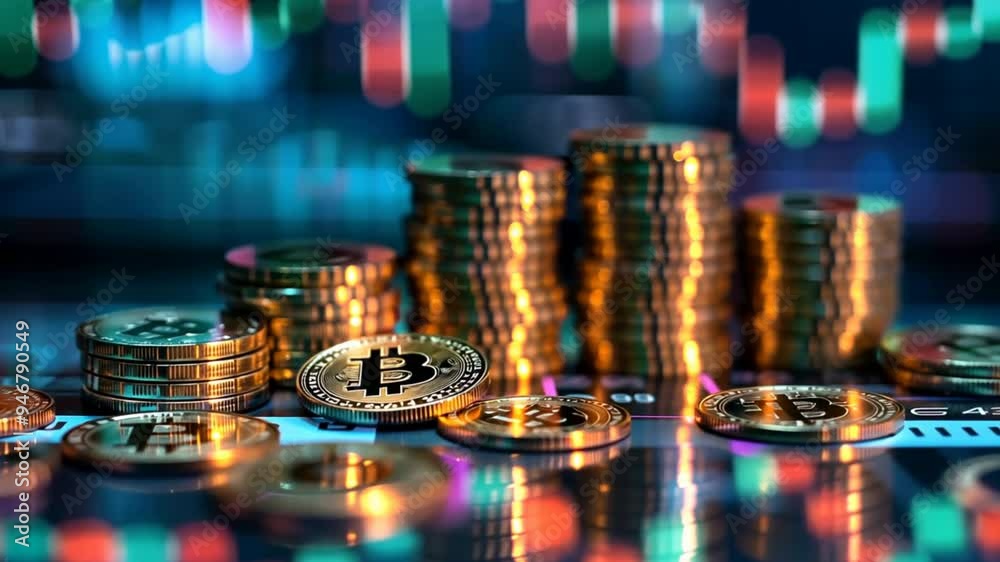 Aufkleber A pile of coins and a bitcoin coin on a table. The coins are stacked on top of each other, with the bitcoin coin in the middle. Concept of wealth and prosperity