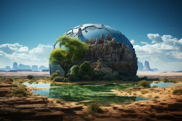 Earth with half of it turning to desert, the other half lush green. Concept of climate zones and preservation. Generative Ai.