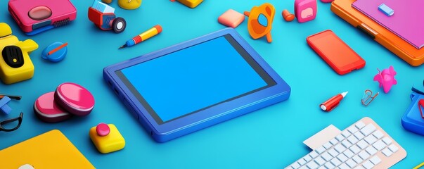 Colorful workspace scene featuring a tablet, keyboard, and various creative tools on a vibrant background.