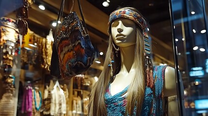 Obraz premium Elegant Tall Mannequin Displaying Trendy Fashion in a Modern Retail Store