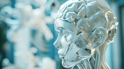 Futuristic Robotic Head with Exposed Mechanical Brain Structure
