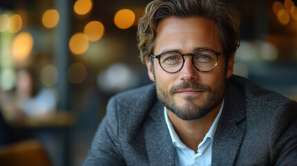 Close-up portrait of confident man with glasses, wearing a suit jacket, smiling at camera, warm bokeh lights background, indoor coffee shop, relaxed professional atmosphere