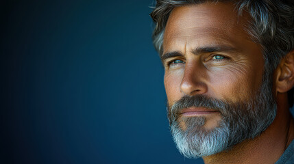 Close-up of mature man with gray beard looking thoughtfully into the distance, serious expression, blue background, introspective mood, wisdom and experience, thoughtful older person portrait
