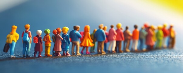 Naklejka premium A vibrant collection of miniature figures standing in a line, showcasing diversity and community in a colorful setting.