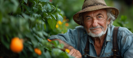Portrait of an elderly gardener wearing a hat in a mandarin garden.