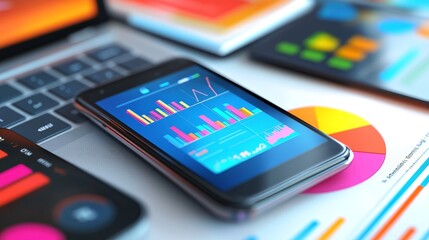 Modern smartphone displaying colorful data charts on a desk with various business graphics and charts in the background.