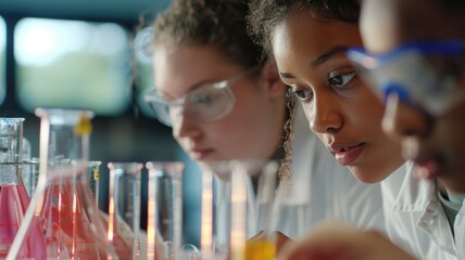 Students conducting a science experiment in a school laboratory, using beakers and test tubes