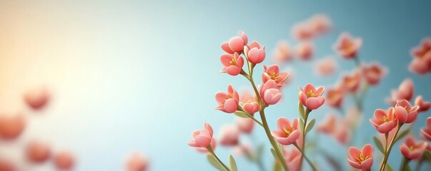 Fototapeta premium Delicate pink flowers against a soft blue background, radiating warmth and beauty, perfect for nature-themed projects.