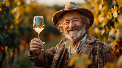 Elderly Winemaker with a hat and a glass of wine at the vineyard. Portrait.