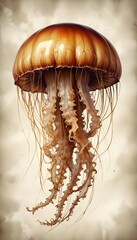Golden Jellyfish Under Water Painting Beautiful Ocean Animal Background Graphic Design