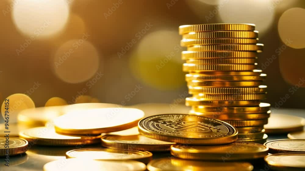 Aufkleber a stack of gold coins on a table. the coins are shiny and appear to be valuable. concept of wealth a