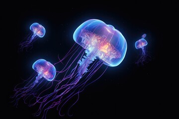 3D illustration of jellyfish background. A jellyfish swims in the ocean, light passes through the water, creating the effect of volumetric rays. Dangerous blue jellyfish
