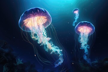 Naklejka premium 3D illustration of jellyfish background. A jellyfish swims in the ocean, light passes through the water, creating the effect of volumetric rays. Dangerous blue jellyfish