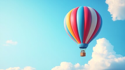 Fototapeta premium A vibrant hot air balloon floats serenely in a clear blue sky, surrounded by fluffy white clouds, capturing a moment of tranquility.