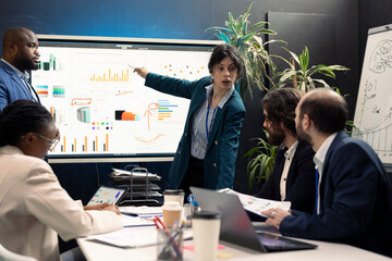 Forecast associates meeting in boardroom space to review latest business news and progress updates. Workers and general manager training to expand the enterprise on international market.
