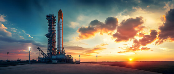 space rocket on launch pad, panoramic shot of the sky and the setting sun in the background.